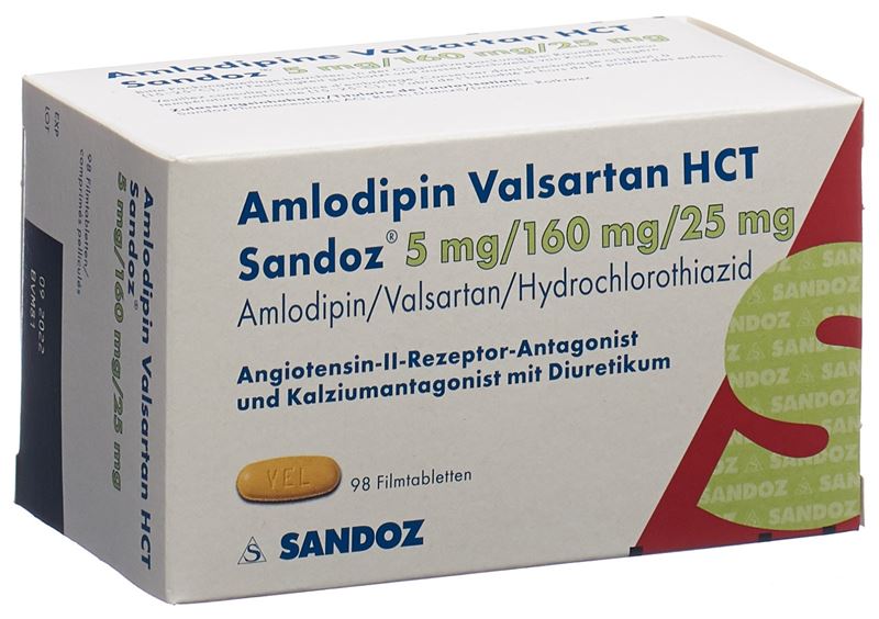 Amlodipine Valsartan HCT Sandoz cpr pell 5mg/160mg/25mg 98 pce Amlodipine Valsartan HCT Sandoz cpr pell 5mg/160mg/25mg 98 pce